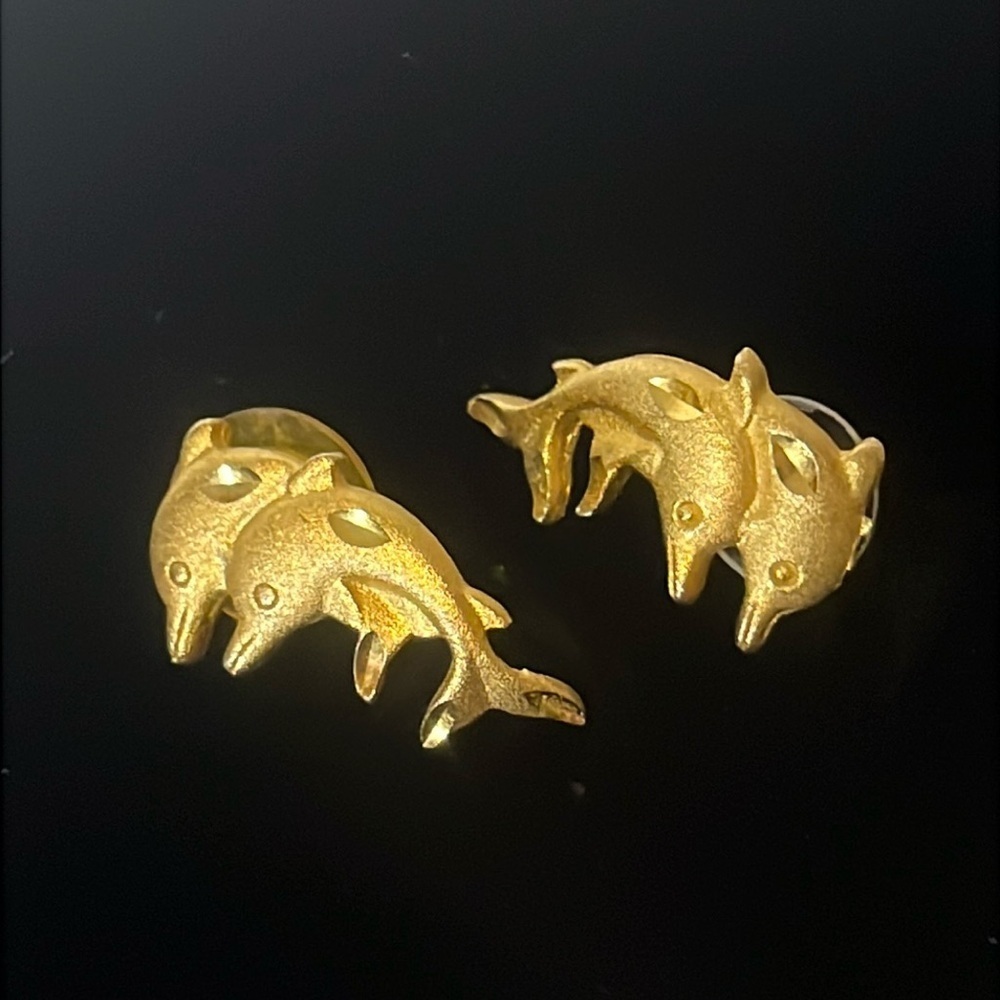 Pair of Jumping Dolphins Yellow‎ Gold Tone Stud Earrings